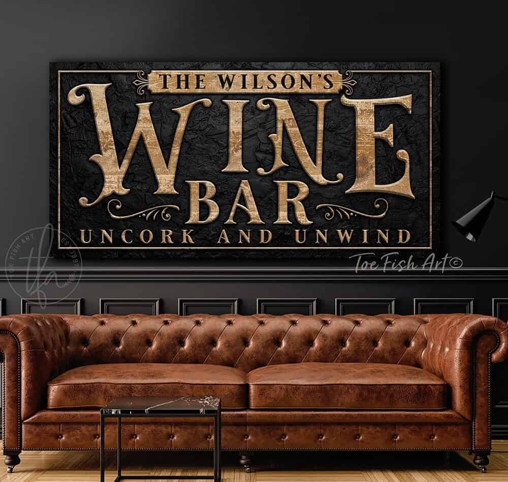 Wine Bar Uncork & Unwind Personalized Sign handmade by ToeFishArt. Original, custom, personalized wall decor signs. Canvas, Wood or Metal. Rustic modern farmhouse, cottagecore, vintage, retro, industrial, Americana, primitive, country, coastal, minimalist.