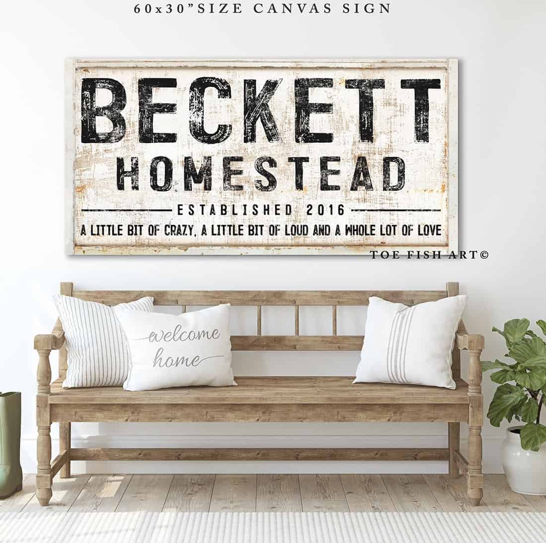 A Little Bit Of Crazy Family Homestead Sign handmade by ToeFishArt. Original, custom, personalized wall decor signs. Canvas, Wood or Metal. Rustic modern farmhouse, cottagecore, vintage, retro, industrial, Americana, primitive, country, coastal, minimalist.