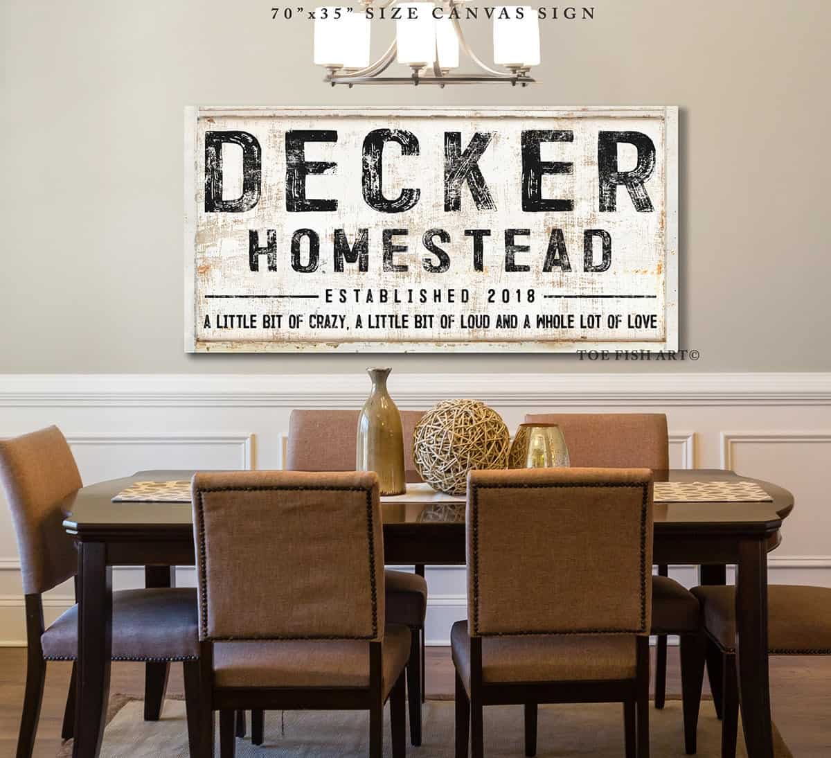 A Little Bit Of Crazy Family Homestead Sign handmade by ToeFishArt. Original, custom, personalized wall decor signs. Canvas, Wood or Metal. Rustic modern farmhouse, cottagecore, vintage, retro, industrial, Americana, primitive, country, coastal, minimalist.