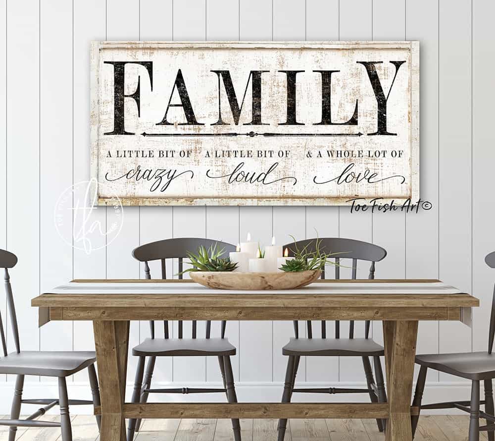 A Little Bit Of Family Sign handmade by ToeFishArt. Original, custom, personalized wall decor signs. Canvas, Wood or Metal. Rustic modern farmhouse, cottagecore, vintage, retro, industrial, Americana, primitive, country, coastal, minimalist.