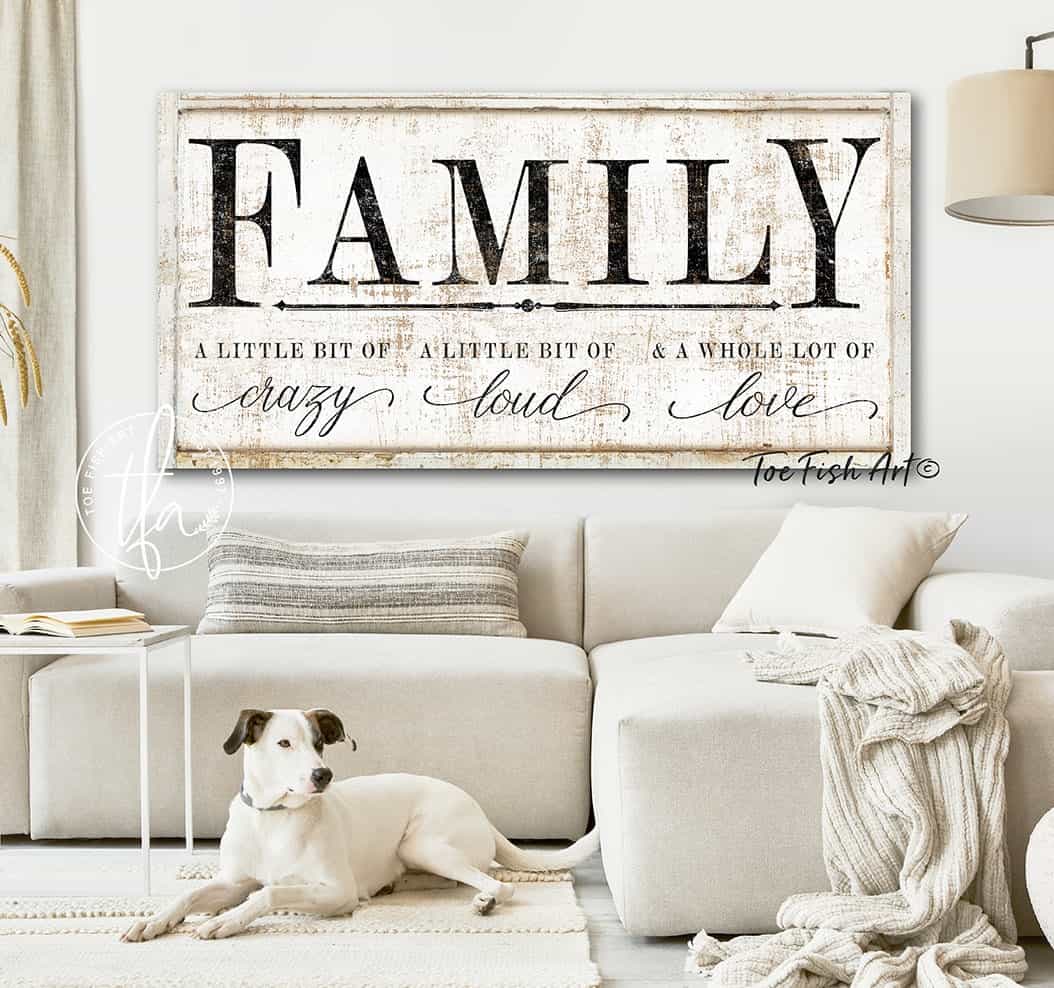 A Little Bit Of Family Sign handmade by ToeFishArt. Original, custom, personalized wall decor signs. Canvas, Wood or Metal. Rustic modern farmhouse, cottagecore, vintage, retro, industrial, Americana, primitive, country, coastal, minimalist.