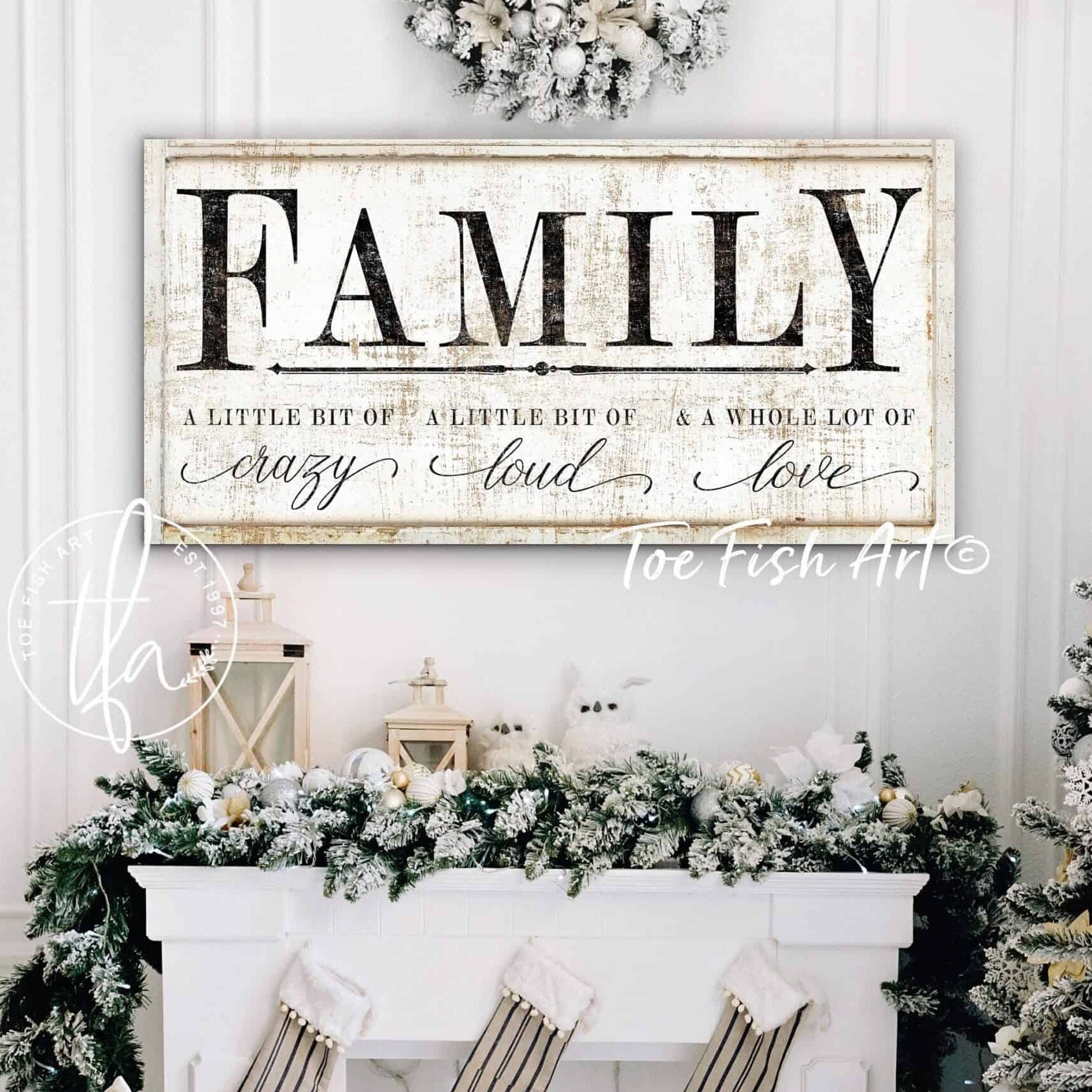 A Little Bit Of Family Sign handmade by ToeFishArt. Original, custom, personalized wall decor signs. Canvas, Wood or Metal. Rustic modern farmhouse, cottagecore, vintage, retro, industrial, Americana, primitive, country, coastal, minimalist.