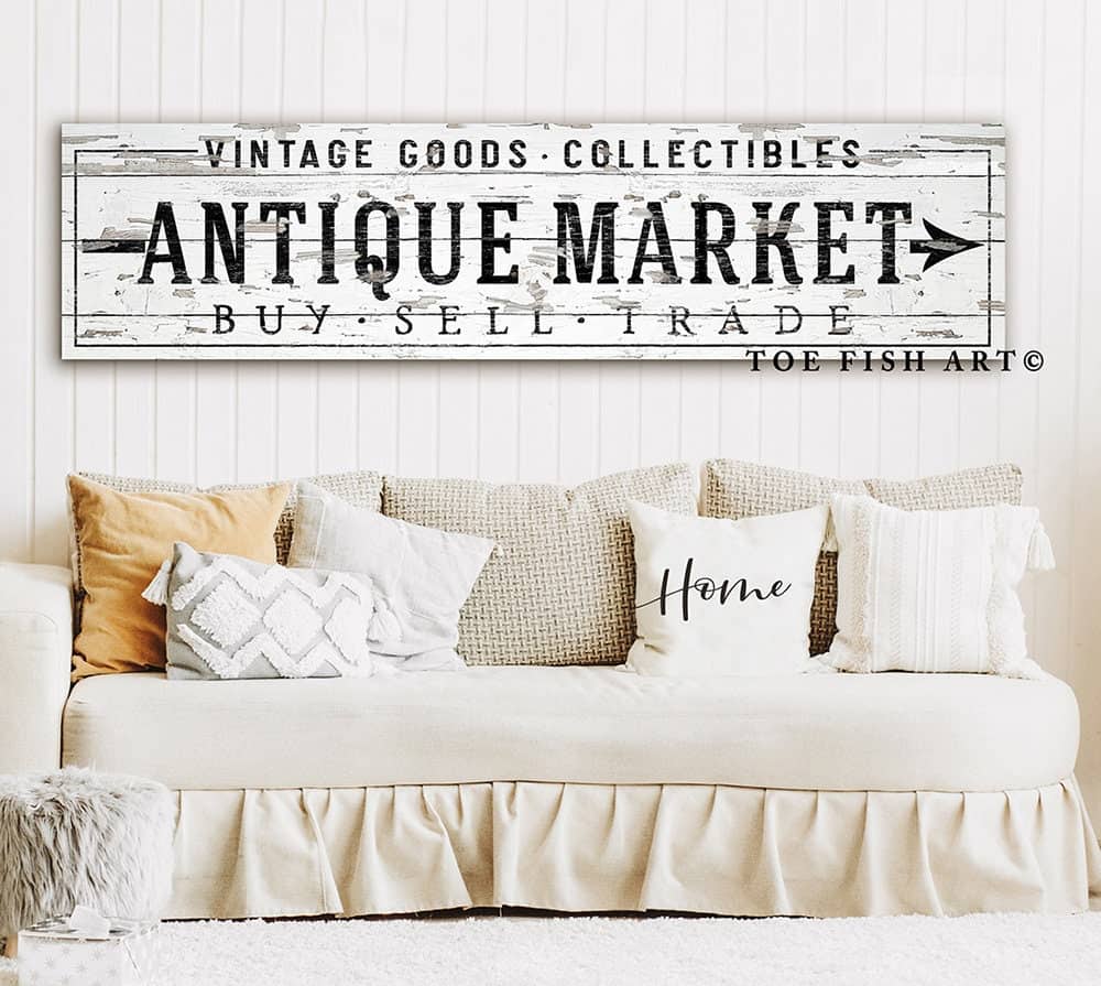 Antique Market Sign Vintage Goods Collectibles handmade by ToeFishArt. Original, custom, personalized wall decor signs. Canvas, Wood or Metal. Rustic modern farmhouse, cottagecore, vintage, retro, industrial, Americana, primitive, country, coastal, minimalist.