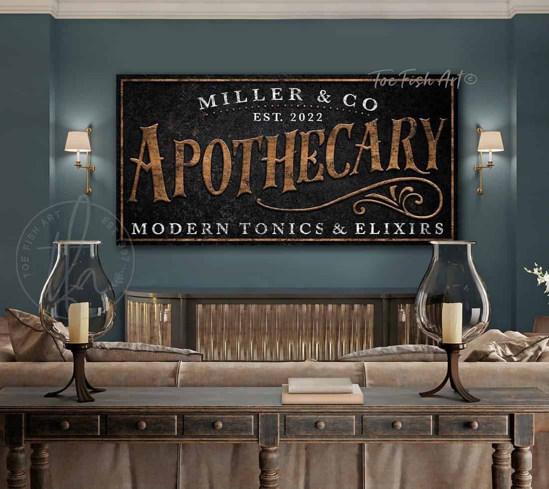 Apothecary Sign handmade by ToeFishArt. Original, custom, personalized wall decor signs. Canvas, Wood or Metal. Rustic modern farmhouse, cottagecore, vintage, retro, industrial, Americana, primitive, country, coastal, minimalist.