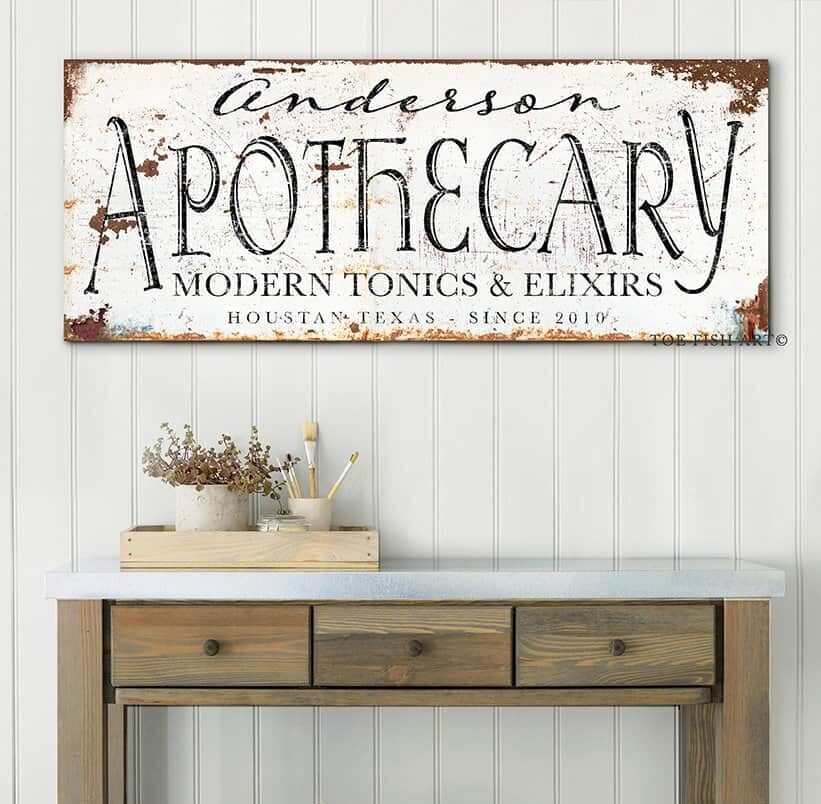 Apothecary Sign handmade by ToeFishArt. Original, custom, personalized wall decor signs. Canvas, Wood or Metal. Rustic modern farmhouse, cottagecore, vintage, retro, industrial, Americana, primitive, country, coastal, minimalist.