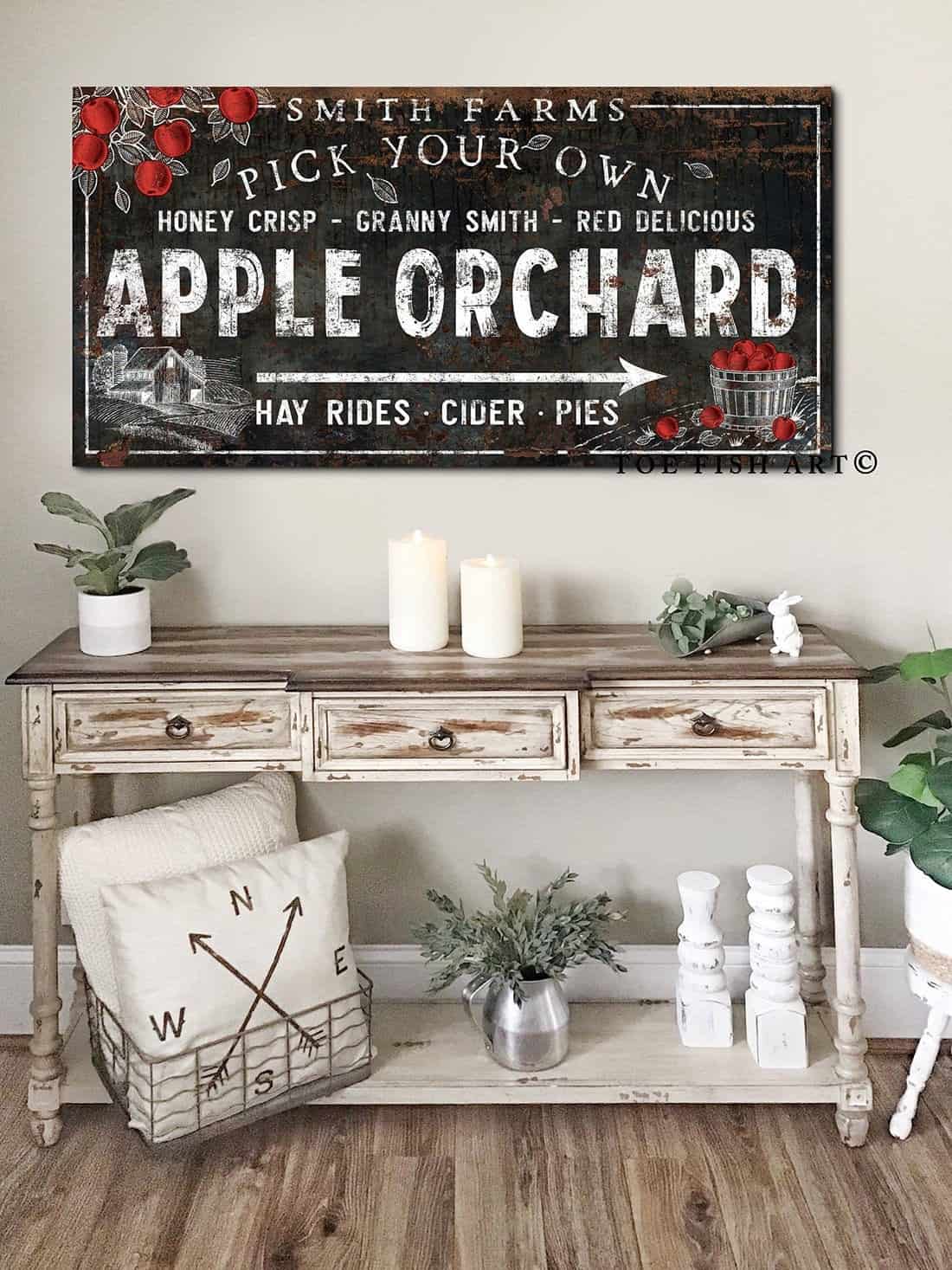 Apple Orchard Sign handmade by ToeFishArt. Original, custom, personalized wall decor signs. Canvas, Wood or Metal. Rustic modern farmhouse, cottagecore, vintage, retro, industrial, Americana, primitive, country, coastal, minimalist.