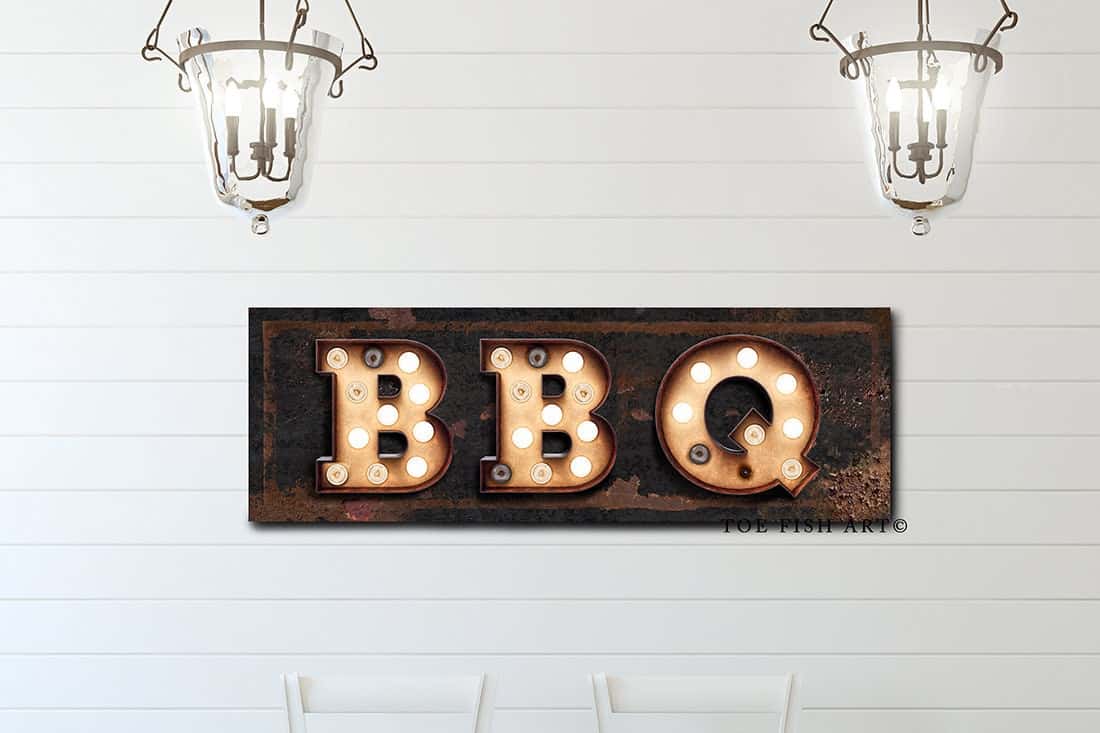 BBQ "Marquee"-style Sign handmade by ToeFishArt. Original, custom, personalized wall decor signs. Canvas, Wood or Metal. Rustic modern farmhouse, cottagecore, vintage, retro, industrial, Americana, primitive, country, coastal, minimalist.