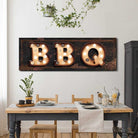 BBQ "Marquee"-style Sign handmade by ToeFishArt. Original, custom, personalized wall decor signs. Canvas, Wood or Metal. Rustic modern farmhouse, cottagecore, vintage, retro, industrial, Americana, primitive, country, coastal, minimalist.
