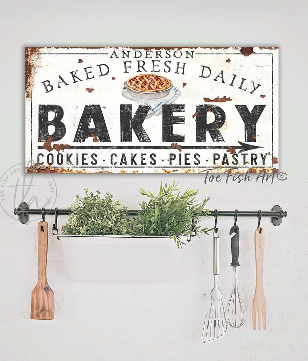 Baked Fresh Daily Bakery Sign Sign handmade by ToeFishArt. Original, custom, personalized wall decor signs. Canvas, Wood or Metal. Rustic modern farmhouse, cottagecore, vintage, retro, industrial, Americana, primitive, country, coastal, minimalist.