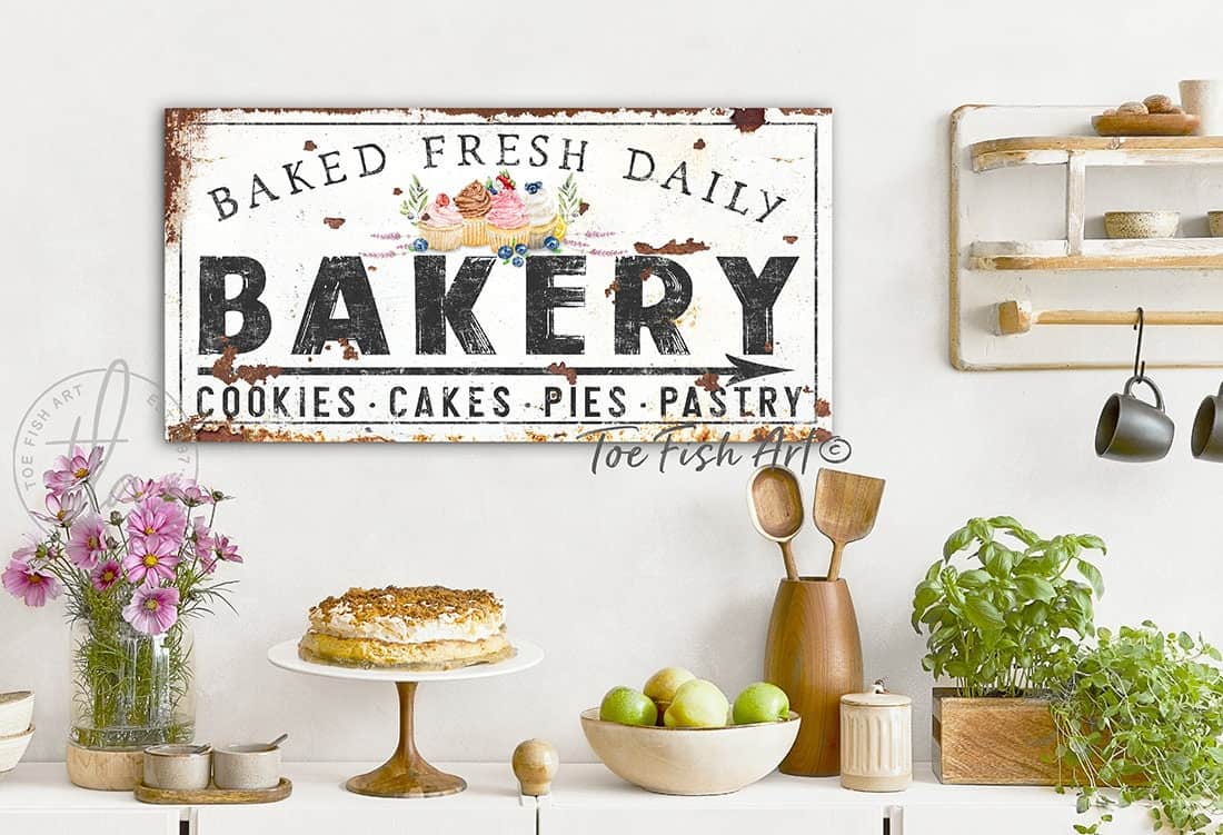 Baked Fresh Daily Bakery Sign Sign handmade by ToeFishArt. Original, custom, personalized wall decor signs. Canvas, Wood or Metal. Rustic modern farmhouse, cottagecore, vintage, retro, industrial, Americana, primitive, country, coastal, minimalist.