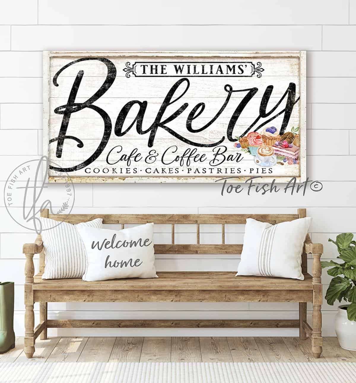 Bakery Café & Coffee Bar Sign, Personalized Options, Cottage Farmhouse Style handmade by ToeFishArt. Original, custom, personalized wall decor signs. Canvas, Wood or Metal. Rustic modern farmhouse, cottagecore, vintage, retro, industrial, Americana, primitive, country, coastal, minimalist.