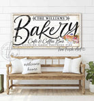 Bakery Café & Coffee Bar Sign, Personalized Options, Cottage Farmhouse Style handmade by ToeFishArt. Original, custom, personalized wall decor signs. Canvas, Wood or Metal. Rustic modern farmhouse, cottagecore, vintage, retro, industrial, Americana, primitive, country, coastal, minimalist.