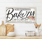 Bakery Café & Coffee Bar Sign, Personalized Options, Cottage Farmhouse Style handmade by ToeFishArt. Original, custom, personalized wall decor signs. Canvas, Wood or Metal. Rustic modern farmhouse, cottagecore, vintage, retro, industrial, Americana, primitive, country, coastal, minimalist.