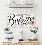 Bakery Café & Coffee Bar Sign, Personalized Options, Cottage Farmhouse Style handmade by ToeFishArt. Original, custom, personalized wall decor signs. Canvas, Wood or Metal. Rustic modern farmhouse, cottagecore, vintage, retro, industrial, Americana, primitive, country, coastal, minimalist.