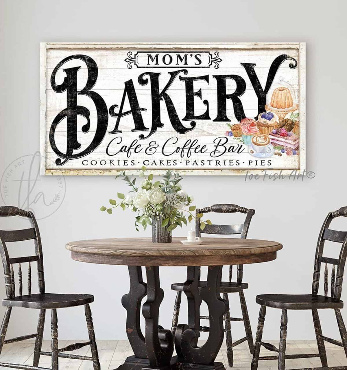Bakery Café & Coffee Bar Sign, Personalized Options, Vintage Farmhouse Style handmade by ToeFishArt. Original, custom, personalized wall decor signs. Canvas, Wood or Metal. Rustic modern farmhouse, cottagecore, vintage, retro, industrial, Americana, primitive, country, coastal, minimalist.