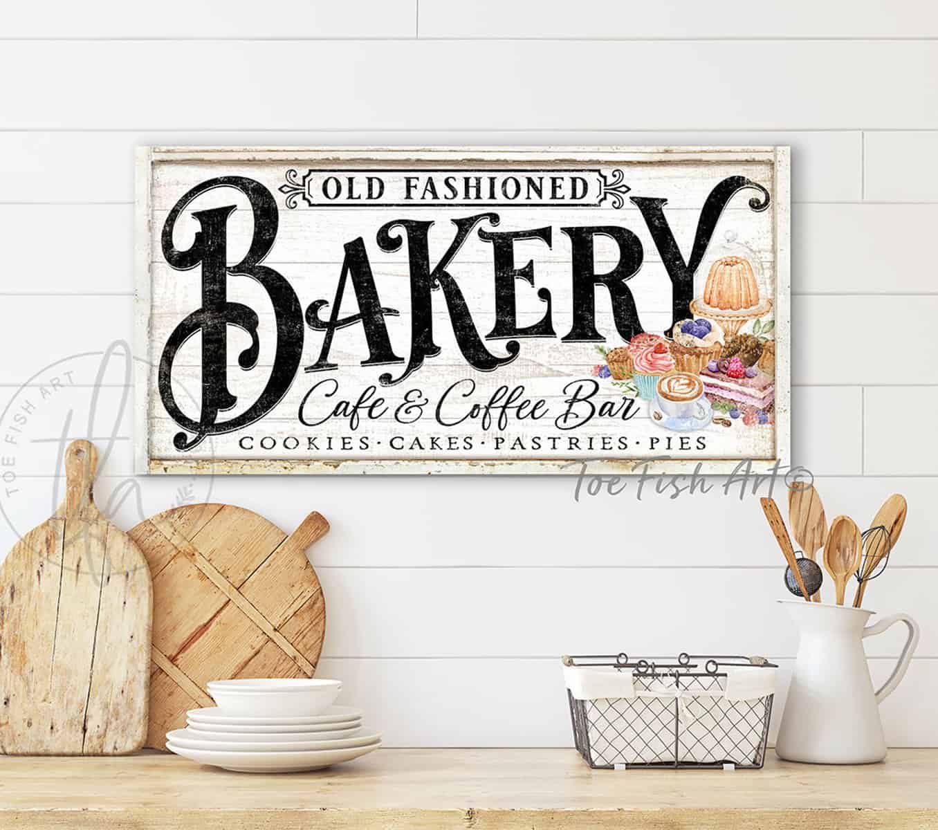 Bakery Café & Coffee Bar Sign, Personalized Options, Vintage Farmhouse Style handmade by ToeFishArt. Original, custom, personalized wall decor signs. Canvas, Wood or Metal. Rustic modern farmhouse, cottagecore, vintage, retro, industrial, Americana, primitive, country, coastal, minimalist.