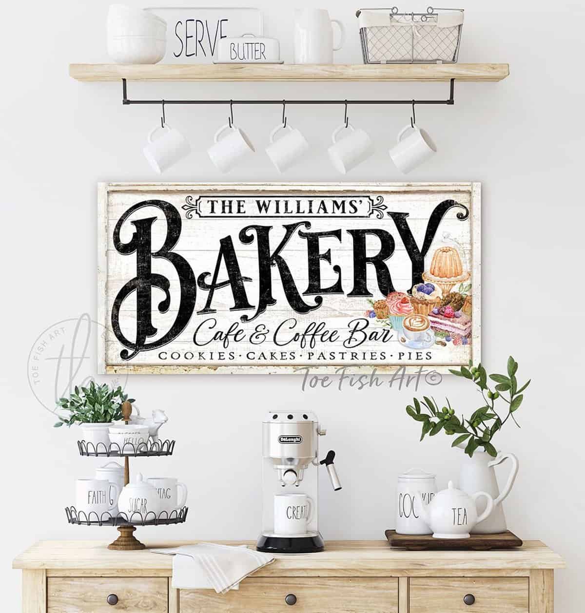 Bakery Café & Coffee Bar Sign, Personalized Options, Vintage Farmhouse Style handmade by ToeFishArt. Original, custom, personalized wall decor signs. Canvas, Wood or Metal. Rustic modern farmhouse, cottagecore, vintage, retro, industrial, Americana, primitive, country, coastal, minimalist.