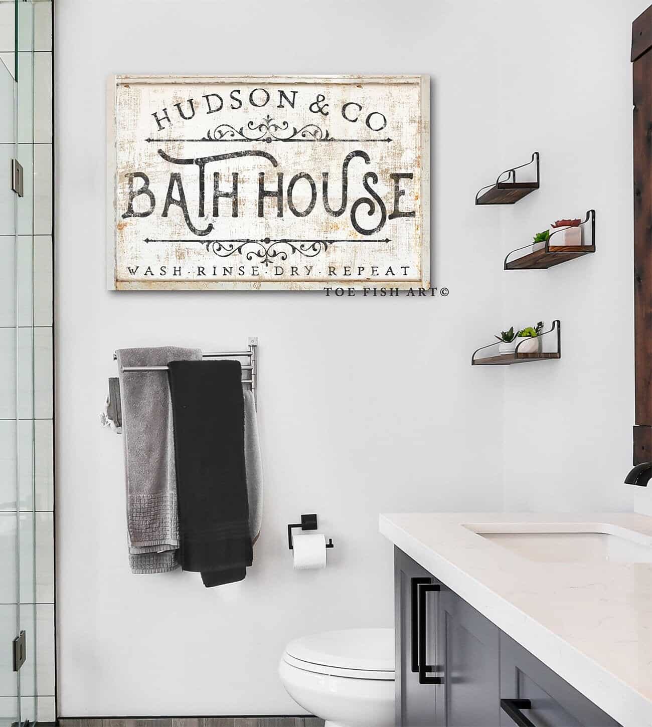 Bath House Sign handmade by ToeFishArt. Original, custom, personalized wall decor signs. Canvas, Wood or Metal. Rustic modern farmhouse, cottagecore, vintage, retro, industrial, Americana, primitive, country, coastal, minimalist.