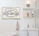 Bath House Sign handmade by ToeFishArt. Original, custom, personalized wall decor signs. Canvas, Wood or Metal. Rustic modern farmhouse, cottagecore, vintage, retro, industrial, Americana, primitive, country, coastal, minimalist.