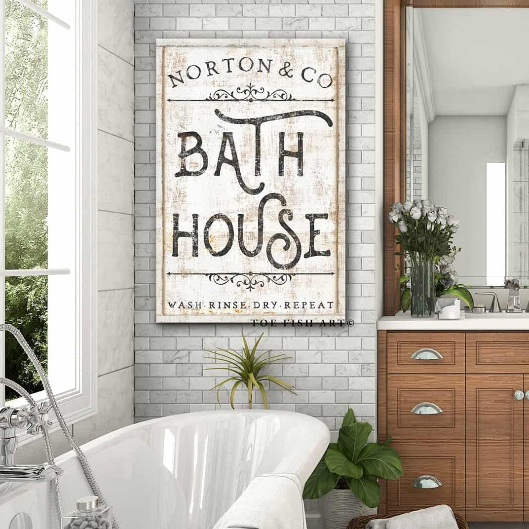 Bath House Sign handmade by ToeFishArt. Original, custom, personalized wall decor signs. Canvas, Wood or Metal. Rustic modern farmhouse, cottagecore, vintage, retro, industrial, Americana, primitive, country, coastal, minimalist.