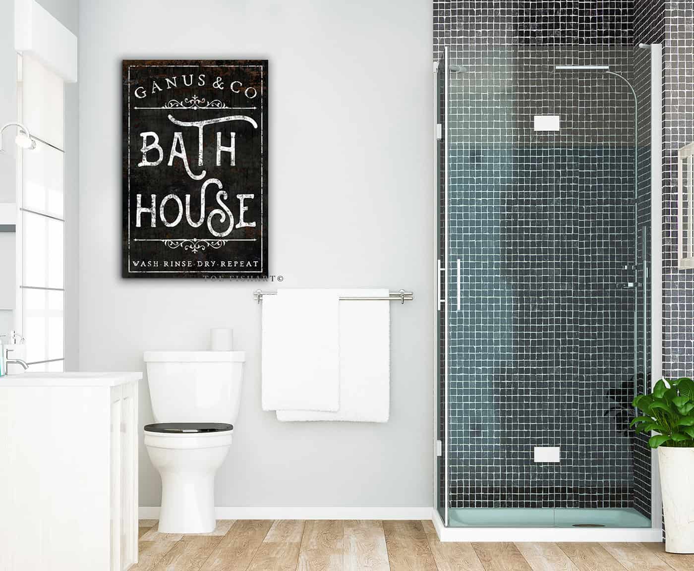 Bath House Sign handmade by ToeFishArt. Original, custom, personalized wall decor signs. Canvas, Wood or Metal. Rustic modern farmhouse, cottagecore, vintage, retro, industrial, Americana, primitive, country, coastal, minimalist.