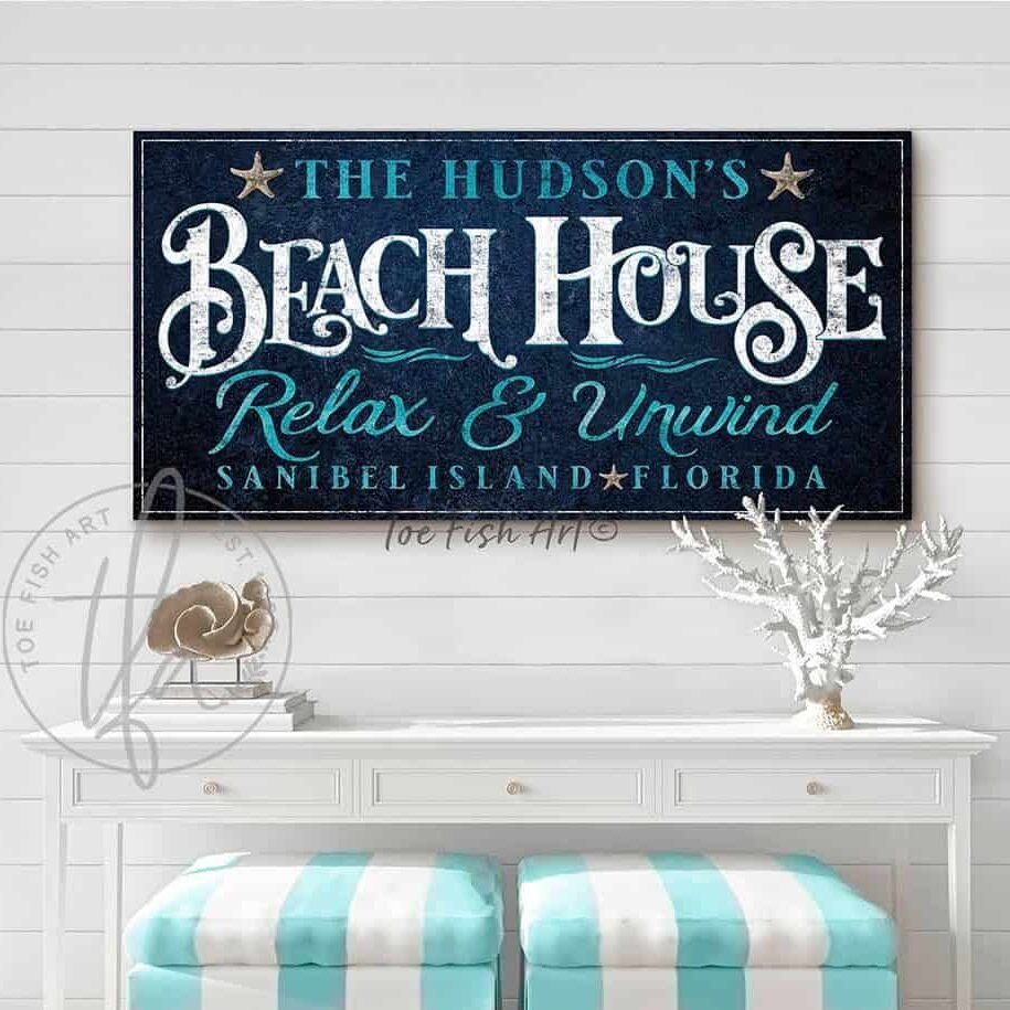 Beach House Sign handmade by ToeFishArt. Original, custom, personalized wall decor signs. Canvas, Wood or Metal. Rustic modern farmhouse, cottagecore, vintage, retro, industrial, Americana, primitive, country, coastal, minimalist.
