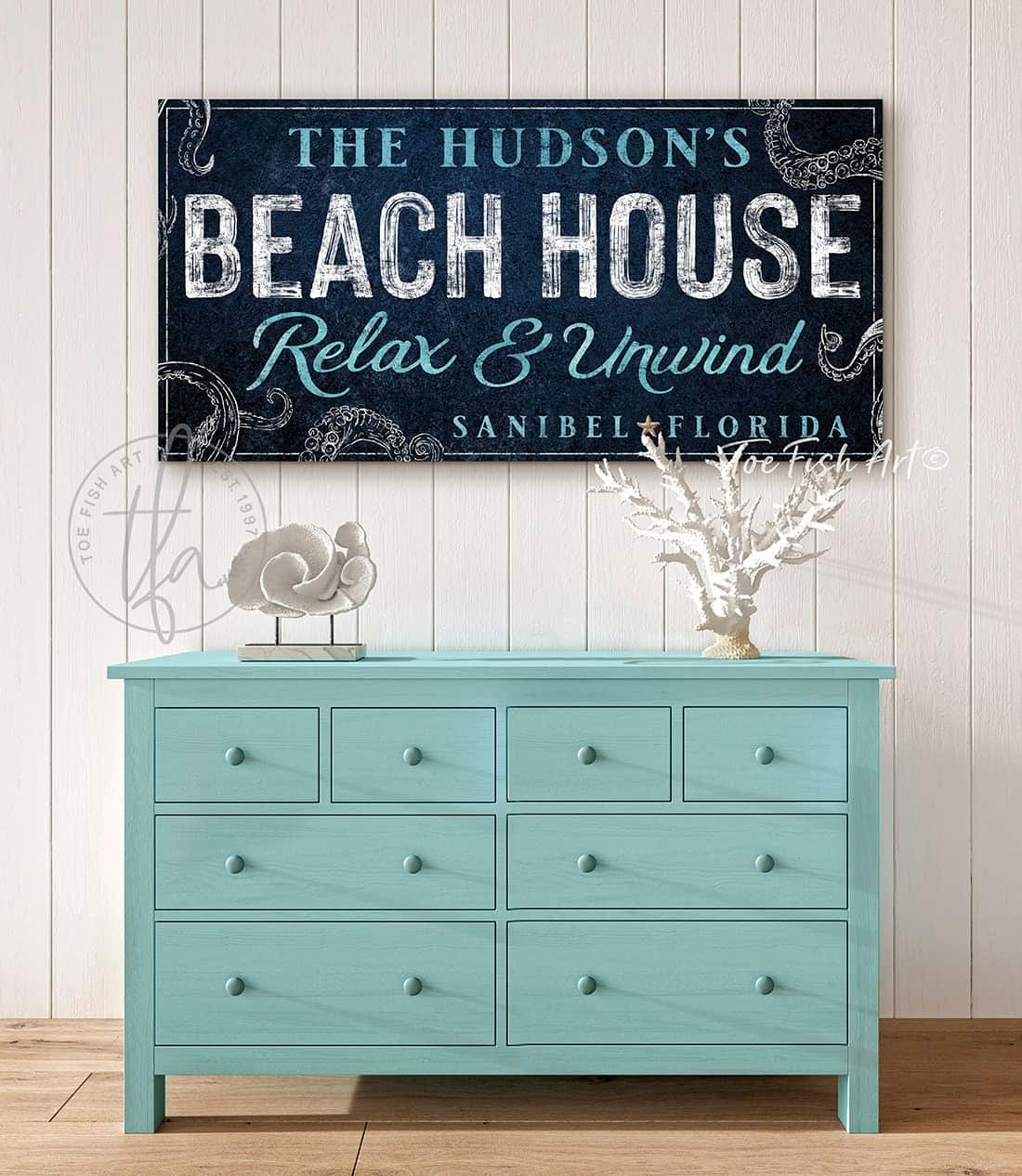Beach House Sign handmade by ToeFishArt. Original, custom, personalized wall decor signs. Canvas, Wood or Metal. Rustic modern farmhouse, cottagecore, vintage, retro, industrial, Americana, primitive, country, coastal, minimalist.