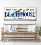 Beach House Sign handmade by ToeFishArt. Original, custom, personalized wall decor signs. Canvas, Wood or Metal. Rustic modern farmhouse, cottagecore, vintage, retro, industrial, Americana, primitive, country, coastal, minimalist.
