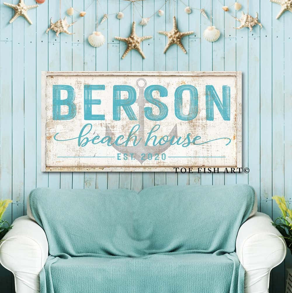 Beach House Sign handmade by ToeFishArt. Original, custom, personalized wall decor signs. Canvas, Wood or Metal. Rustic modern farmhouse, cottagecore, vintage, retro, industrial, Americana, primitive, country, coastal, minimalist.