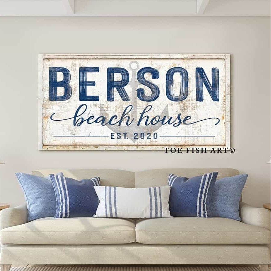 Beach House Sign handmade by ToeFishArt. Original, custom, personalized wall decor signs. Canvas, Wood or Metal. Rustic modern farmhouse, cottagecore, vintage, retro, industrial, Americana, primitive, country, coastal, minimalist.