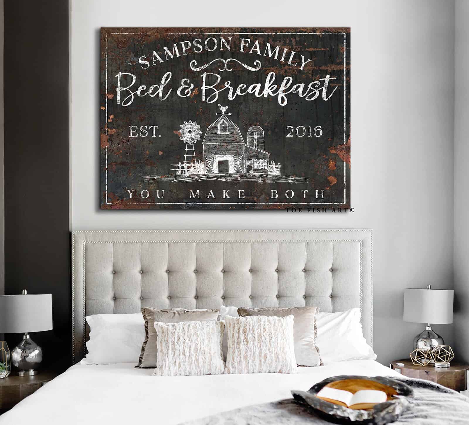 Bed & Breakfast You Make Both Sign handmade by ToeFishArt. Original, custom, personalized wall decor signs. Canvas, Wood or Metal. Rustic modern farmhouse, cottagecore, vintage, retro, industrial, Americana, primitive, country, coastal, minimalist.