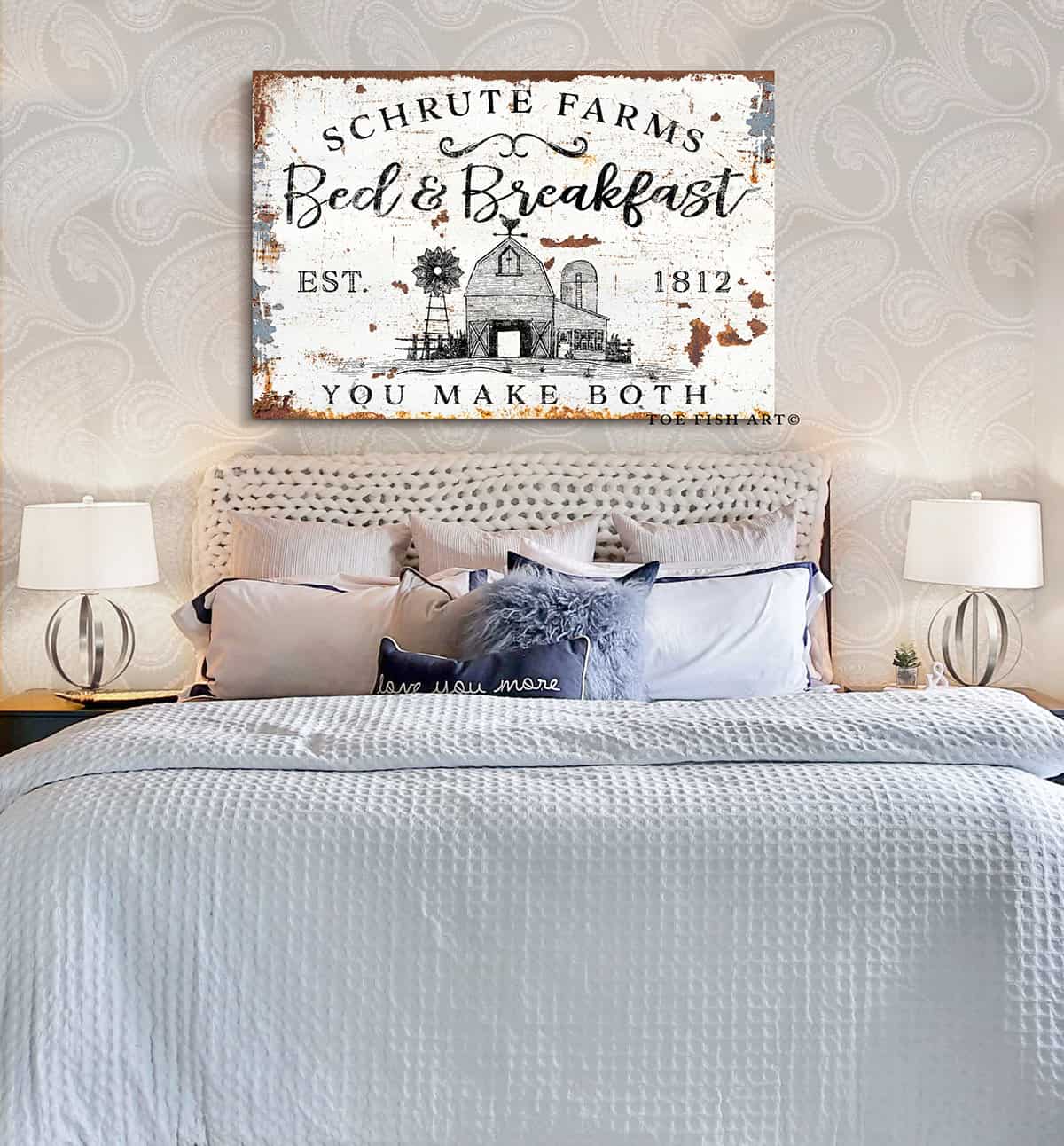 Bed & Breakfast You Make Both Sign handmade by ToeFishArt. Original, custom, personalized wall decor signs. Canvas, Wood or Metal. Rustic modern farmhouse, cottagecore, vintage, retro, industrial, Americana, primitive, country, coastal, minimalist.