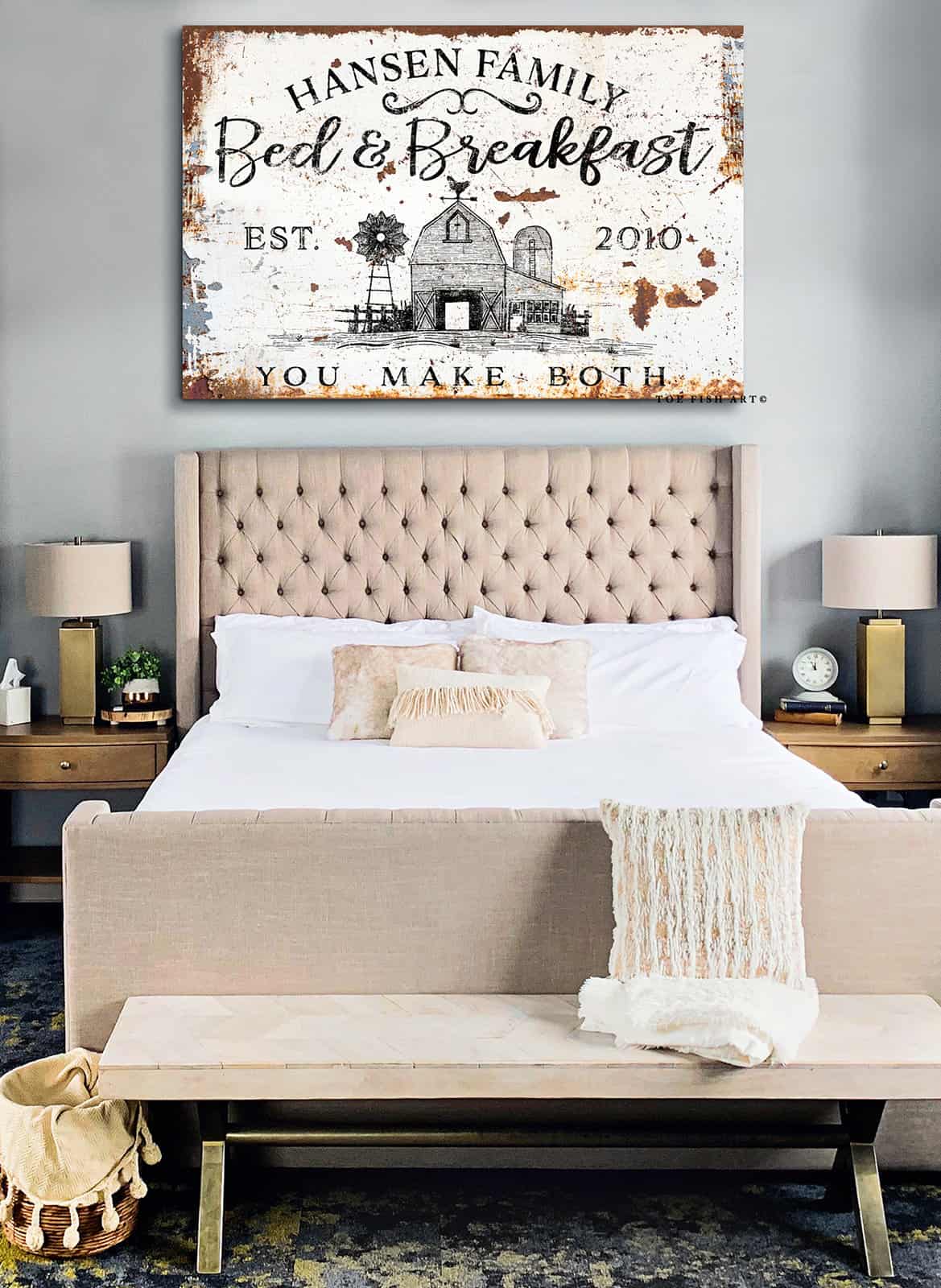 Bed & Breakfast You Make Both Sign handmade by ToeFishArt. Original, custom, personalized wall decor signs. Canvas, Wood or Metal. Rustic modern farmhouse, cottagecore, vintage, retro, industrial, Americana, primitive, country, coastal, minimalist.