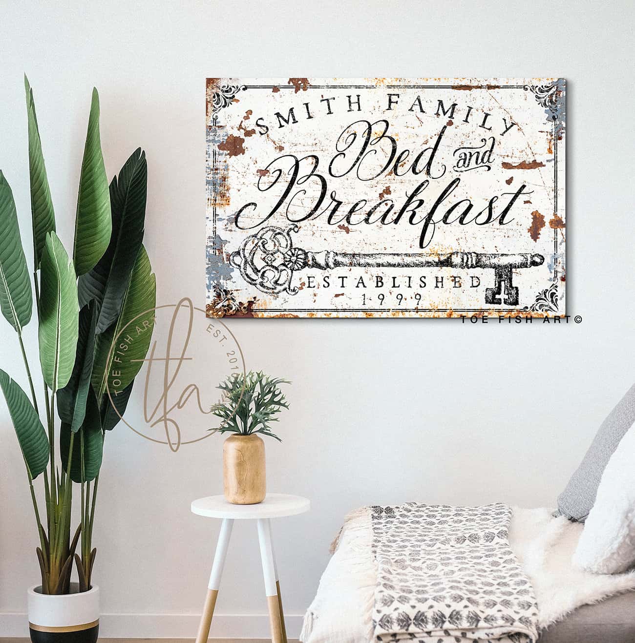 Bed and Breakfast Sign handmade by ToeFishArt. Original, custom, personalized wall decor signs. Canvas, Wood or Metal. Rustic modern farmhouse, cottagecore, vintage, retro, industrial, Americana, primitive, country, coastal, minimalist.