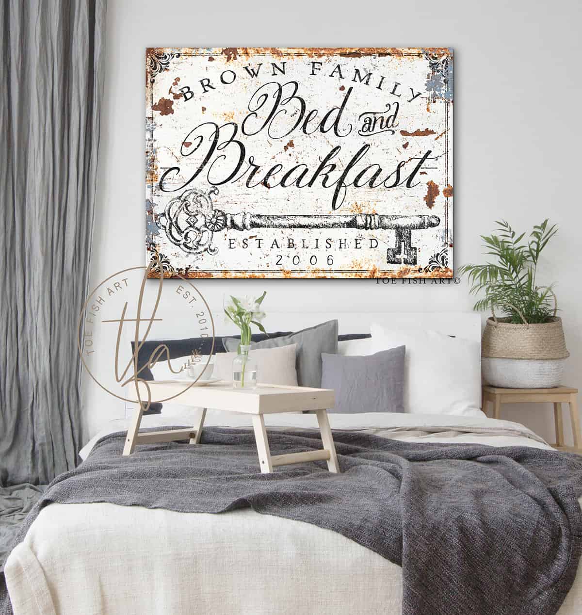 Bed and Breakfast Sign handmade by ToeFishArt. Original, custom, personalized wall decor signs. Canvas, Wood or Metal. Rustic modern farmhouse, cottagecore, vintage, retro, industrial, Americana, primitive, country, coastal, minimalist.