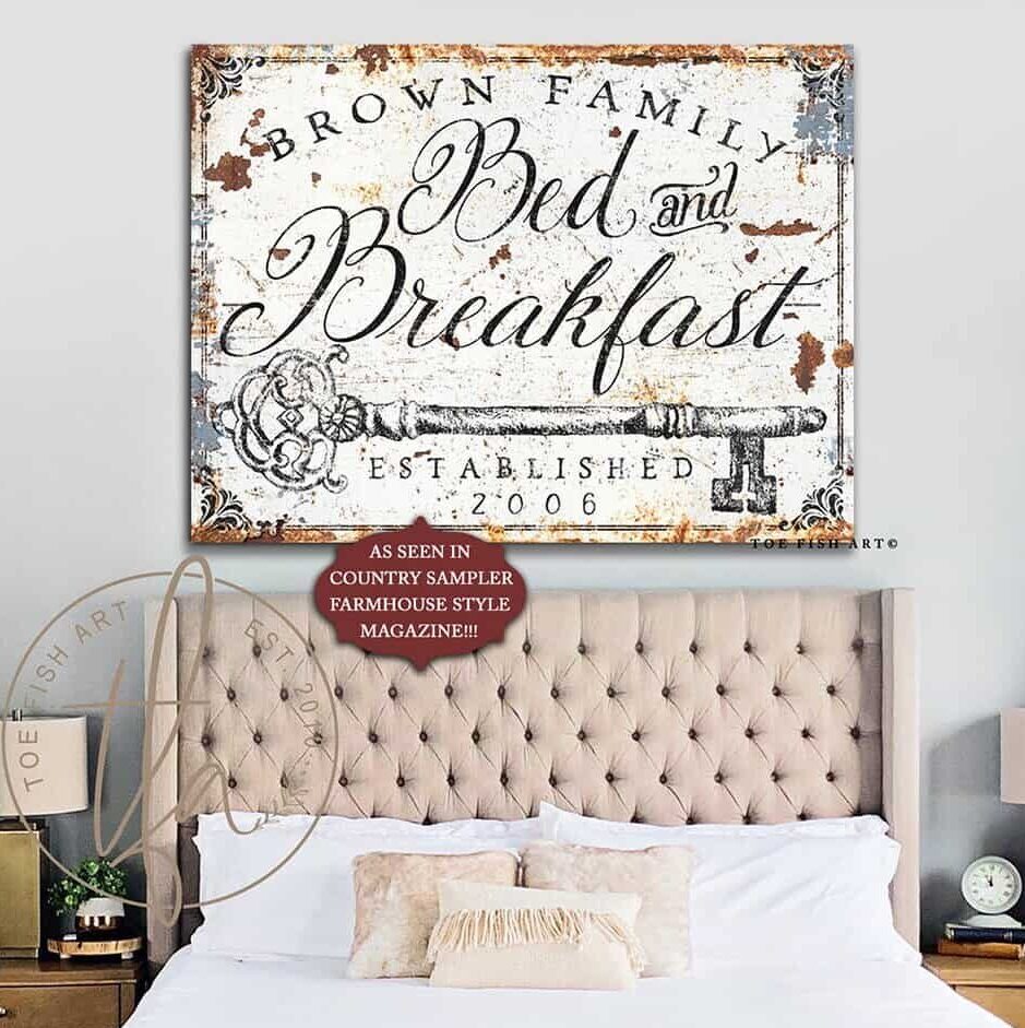 Bed and Breakfast Sign handmade by ToeFishArt. Original, custom, personalized wall decor signs. Canvas, Wood or Metal. Rustic modern farmhouse, cottagecore, vintage, retro, industrial, Americana, primitive, country, coastal, minimalist.