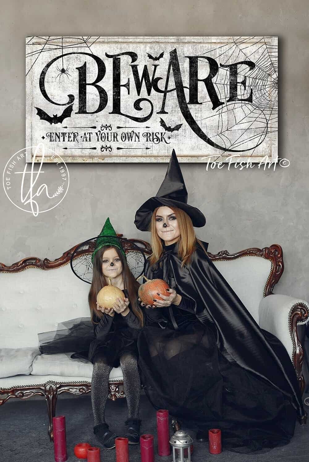 Beware Enter at Your Own Risk Sign handmade by ToeFishArt. Original, custom, personalized wall decor signs. Canvas, Wood or Metal. Rustic modern farmhouse, cottagecore, vintage, retro, industrial, Americana, primitive, country, coastal, minimalist.