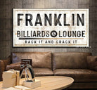 Billiards & Lounge Sign handmade by ToeFishArt. Original, custom, personalized wall decor signs. Canvas, Wood or Metal. Rustic modern farmhouse, cottagecore, vintage, retro, industrial, Americana, primitive, country, coastal, minimalist.