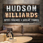 Billiards "Marquee"-style Sign handmade by ToeFishArt. Original, custom, personalized wall decor signs. Canvas, Wood or Metal. Rustic modern farmhouse, cottagecore, vintage, retro, industrial, Americana, primitive, country, coastal, minimalist.