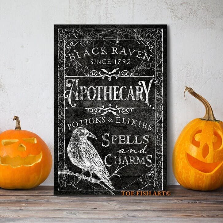 Black Raven Apothecary Sign handmade by ToeFishArt. Original, custom, personalized wall decor signs. Canvas, Wood or Metal. Rustic modern farmhouse, cottagecore, vintage, retro, industrial, Americana, primitive, country, coastal, minimalist.