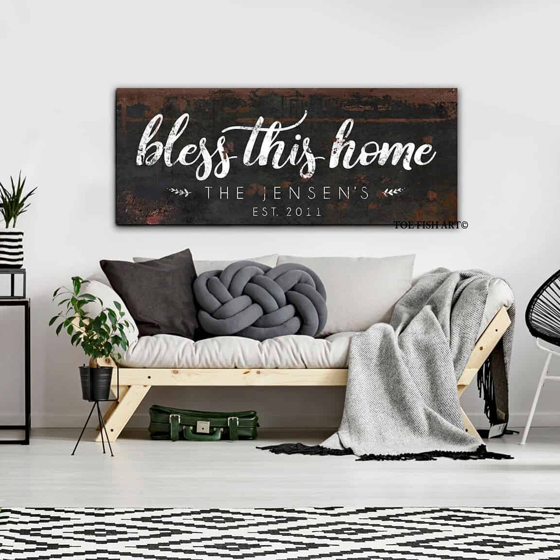 Bless This Home Sign handmade by ToeFishArt. Original, custom, personalized wall decor signs. Canvas, Wood or Metal. Rustic modern farmhouse, cottagecore, vintage, retro, industrial, Americana, primitive, country, coastal, minimalist.