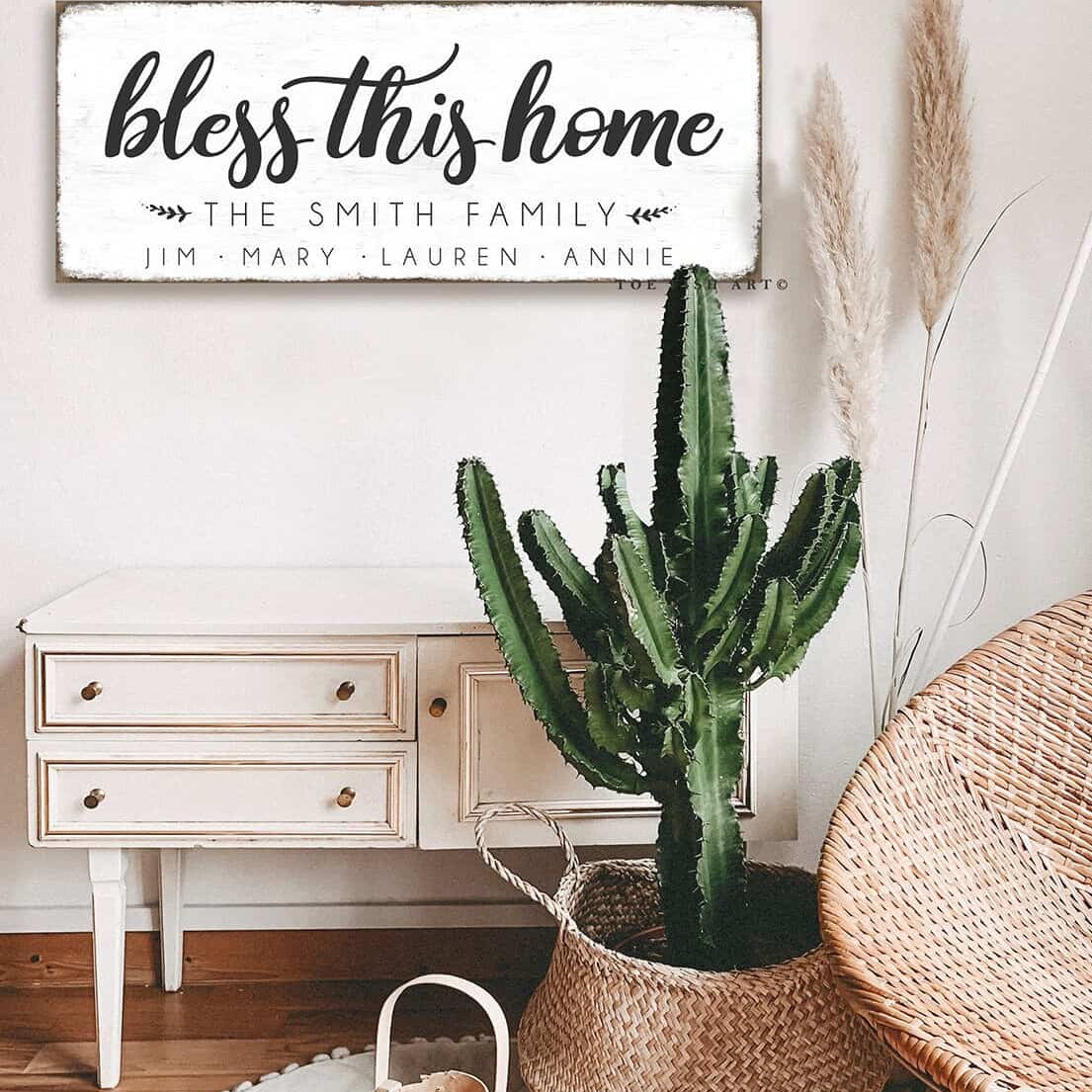 Bless This Home Sign handmade by ToeFishArt. Original, custom, personalized wall decor signs. Canvas, Wood or Metal. Rustic modern farmhouse, cottagecore, vintage, retro, industrial, Americana, primitive, country, coastal, minimalist.