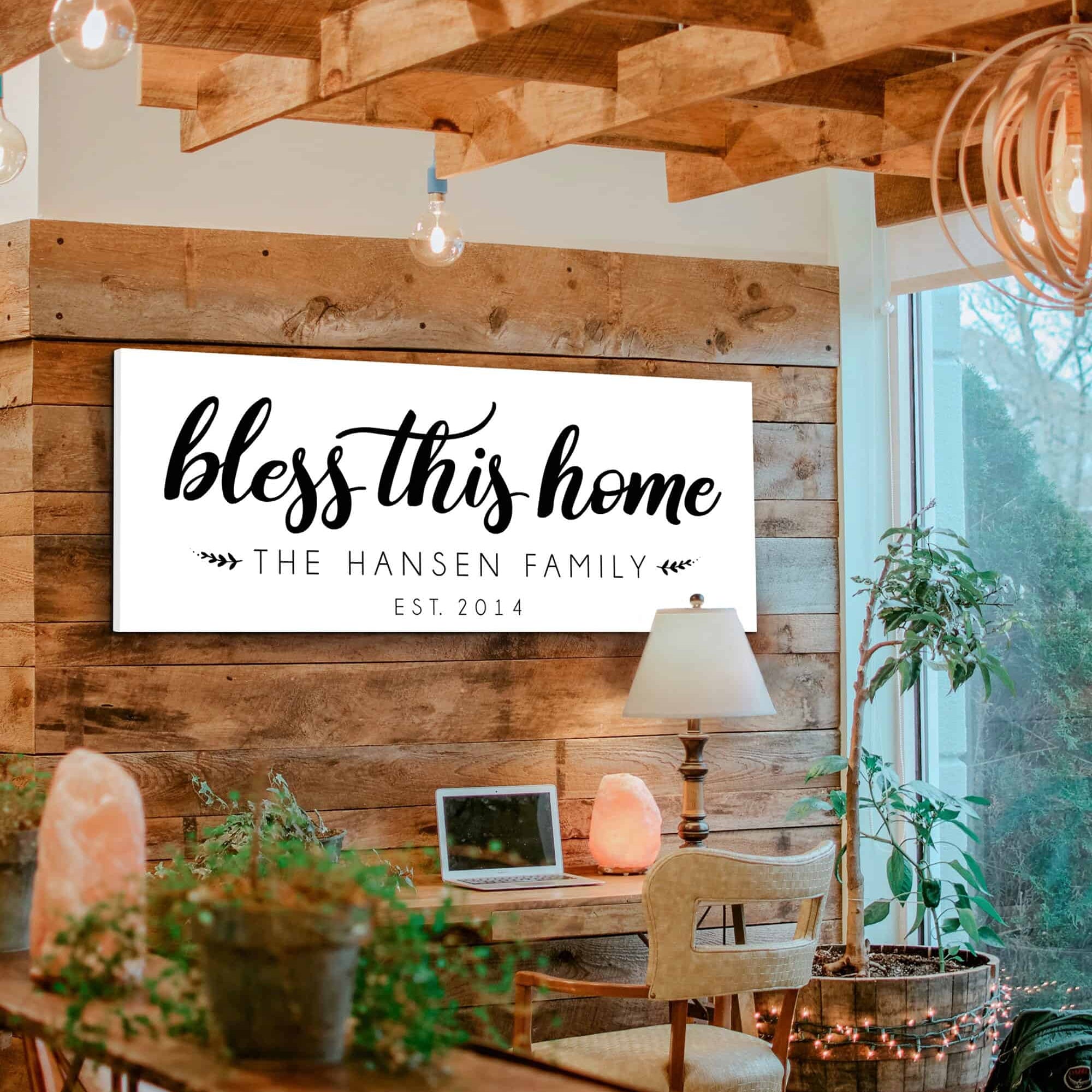 Bless This Home Sign handmade by ToeFishArt. Original, custom, personalized wall decor signs. Canvas, Wood or Metal. Rustic modern farmhouse, cottagecore, vintage, retro, industrial, Americana, primitive, country, coastal, minimalist.