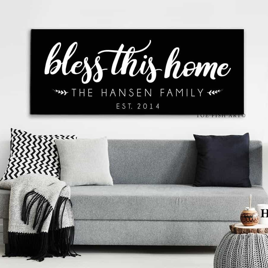 Bless This Home Sign handmade by ToeFishArt. Original, custom, personalized wall decor signs. Canvas, Wood or Metal. Rustic modern farmhouse, cottagecore, vintage, retro, industrial, Americana, primitive, country, coastal, minimalist.