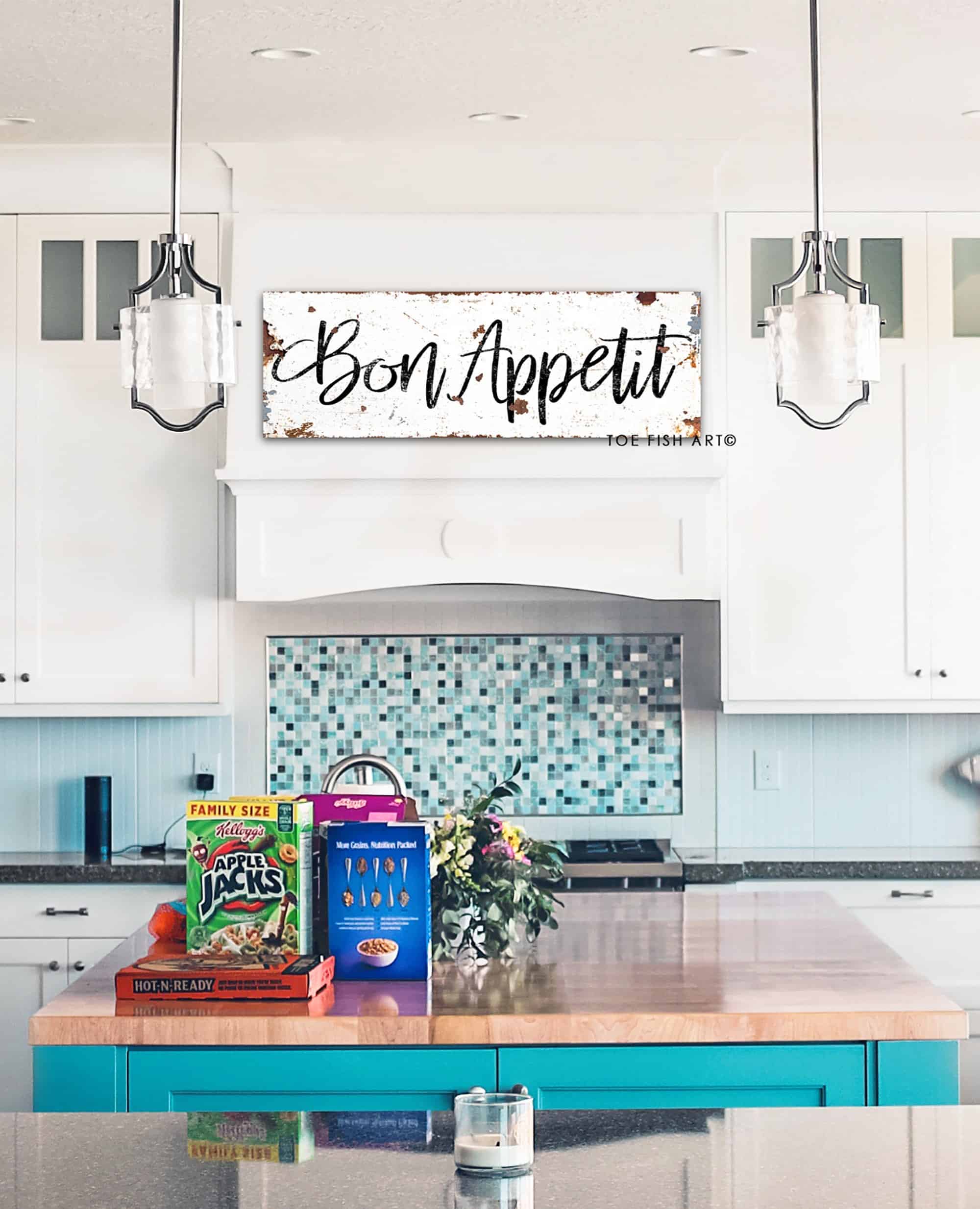 Bon Appetit Sign handmade by ToeFishArt. Original, custom, personalized wall decor signs. Canvas, Wood or Metal. Rustic modern farmhouse, cottagecore, vintage, retro, industrial, Americana, primitive, country, coastal, minimalist.