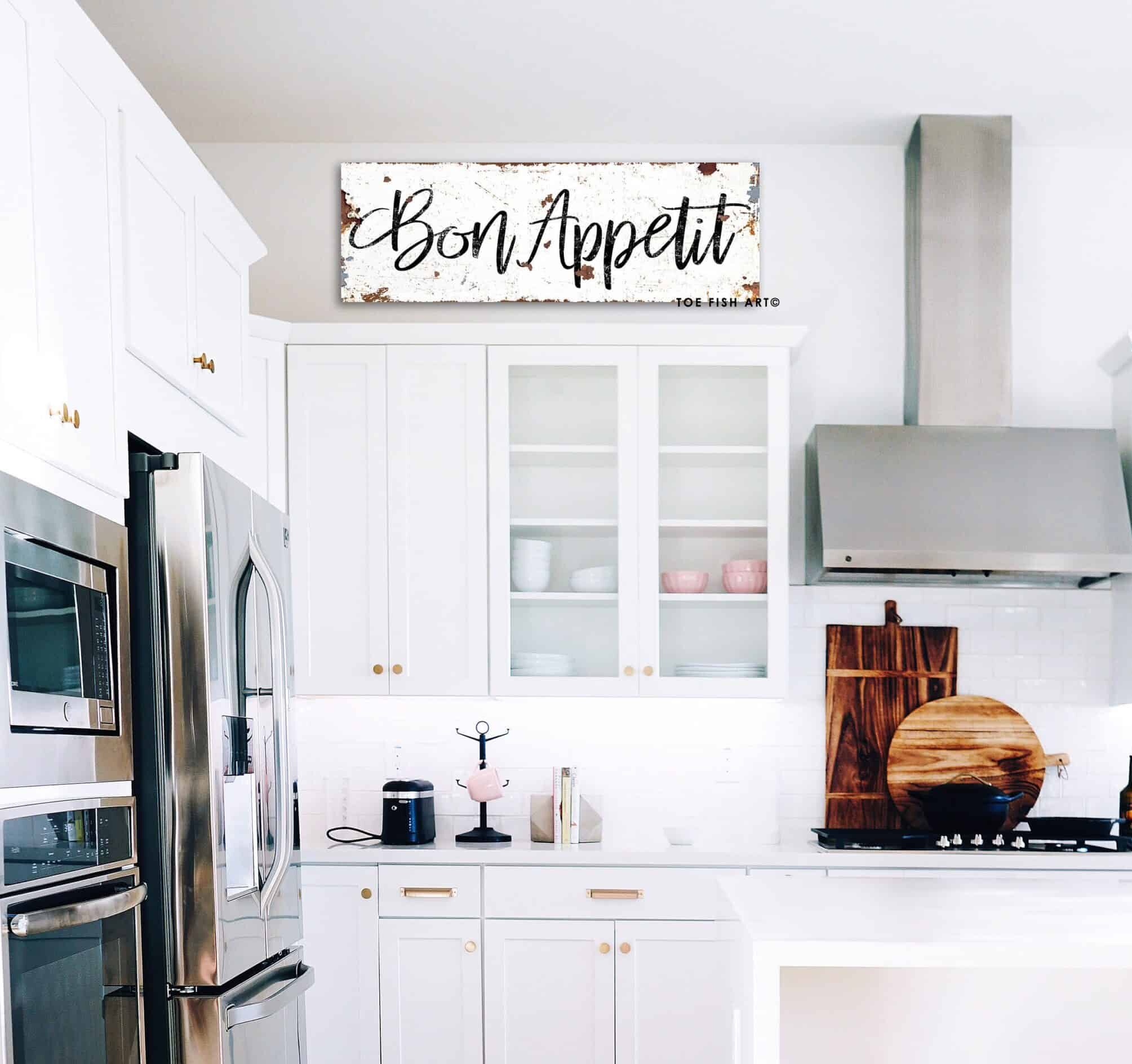 Bon Appetit Sign handmade by ToeFishArt. Original, custom, personalized wall decor signs. Canvas, Wood or Metal. Rustic modern farmhouse, cottagecore, vintage, retro, industrial, Americana, primitive, country, coastal, minimalist.