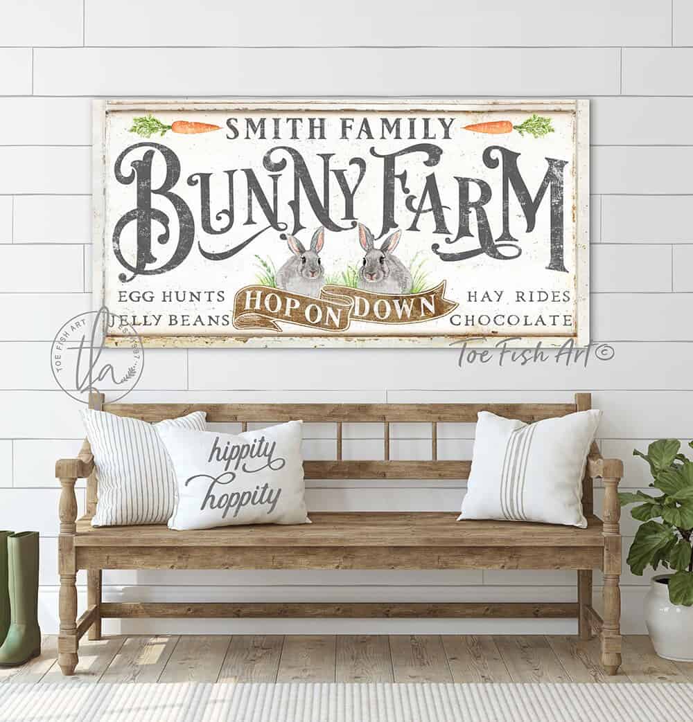 Bunny Farm Sign handmade by ToeFishArt. Original, custom, personalized wall decor signs. Canvas, Wood or Metal. Rustic modern farmhouse, cottagecore, vintage, retro, industrial, Americana, primitive, country, coastal, minimalist.