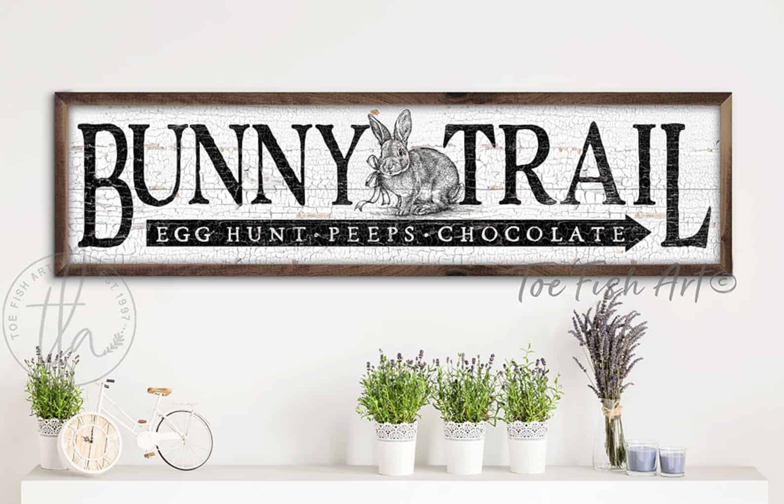 Bunny Trail Easter Decoration Sign, Rustic Farmhouse Wall Décor, Framed Wood Shiplap ToeFishArt handmade by ToeFishArt. Original, custom, personalized wall decor signs. Canvas, Wood or Metal. Rustic modern farmhouse, cottagecore, vintage, retro, industrial, Americana, primitive, country, coastal, minimalist.
