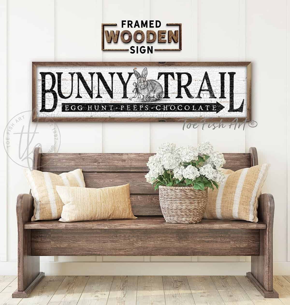 Bunny Trail Easter Decoration Sign, Rustic Farmhouse Wall Décor, Framed Wood Shiplap ToeFishArt handmade by ToeFishArt. Original, custom, personalized wall decor signs. Canvas, Wood or Metal. Rustic modern farmhouse, cottagecore, vintage, retro, industrial, Americana, primitive, country, coastal, minimalist.