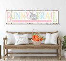Bunny Trail Sign handmade by ToeFishArt. Original, custom, personalized wall decor signs. Canvas, Wood or Metal. Rustic modern farmhouse, cottagecore, vintage, retro, industrial, Americana, primitive, country, coastal, minimalist.